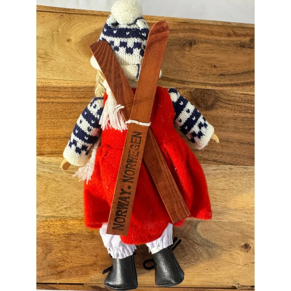 Vtg Bisque Scandinavian Girl Doll Norway Christmas Red Dress Knit Cap Wood Skiis